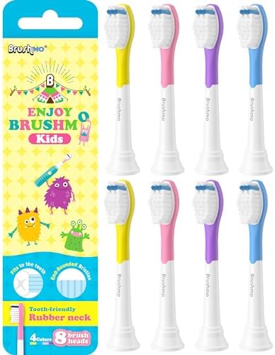 Brushmo Kids Replacement Toothbrush Heads, Compatible with Philips Sonicare for Kids HX6042 Click-on Electric Toothbrush Handles, 8 Standard Heads for Ages 7+, Ultra Soft Dupont Bristles, BM648-White