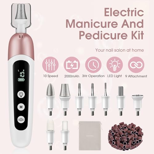 Cordless Electric Nail File Set, Professional Manicure Pedicure Kit with Memory Modes, 10 Speed Portable Nail Drill Machine, Pedicure Tools for feet, Hand Foot Care Tool for Thick Nail Toenail Cuticle