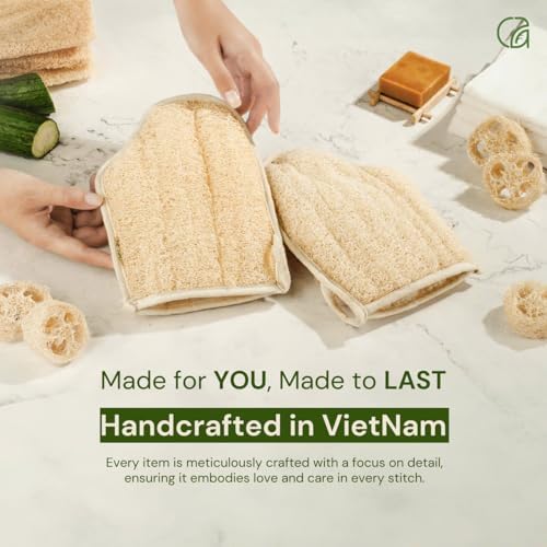 Chill Ah Green Glow Dual-Sided Loofah Bath Mitts (2-Pack) – 100% Plant-Based, Dye-Free, Biodegradable, Handcrafted in Vietnam – Natural Exfoliating Gloves for Glowing Skin