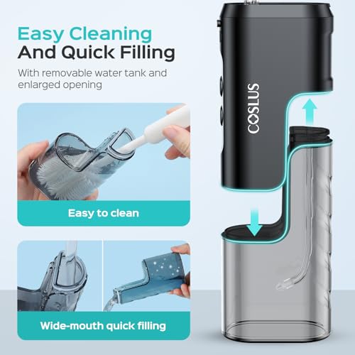COSLUS Mini Water Flosser for Travel: Portable Compact Design, Cordless Oral Irrigator with 4 Modes, Removable Tank, IPX7 Waterproof for Braces, Orthodontic, Sensitive Teeth On-The-Go Use, Black, T40