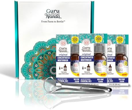 GuruNanda Concentrated Mouthwash (3x2 fl oz), Supports 300 Rinses, Aids in Fresh Breath, Fluoride-Free, Mint Mouthwash with Natural Essential Oils