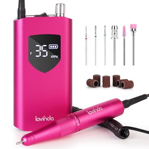 Lavinda Portable Nail Drill Professional, 35000 RPM Rechargeable, Electric Nail File Machine for Acrylic Nails, Gel Polishing, and Removing, Cordless Nail Drill for Salon and Home Use (Viva Magenta)