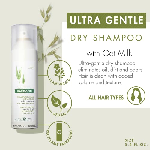 Klorane Ultra Gentle Dry Shampoo with Oat+ - Gentle Formula - Instantly Revives Hair and Eliminates Odor, Dirt, and Oils - Hypoallergenic & Vegan - Paraben & Sulfate-Free - 3.2 oz.