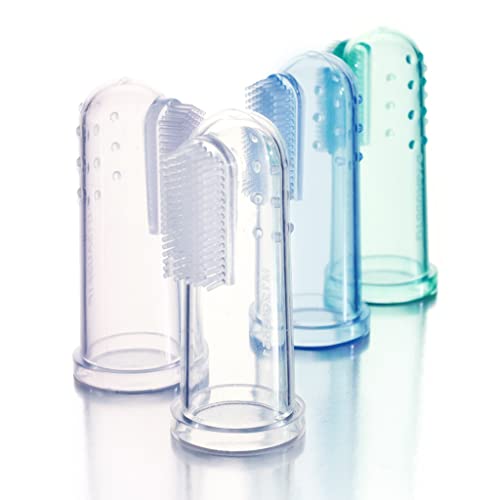 Brilliant Baby Finger Toothbrush - Silicone Gum Massager and Teether Brush for Infant and Toddler, 3 Months Old and Up, Gum and Tooth Cleaner, for Teething Relief- Oral Care, Blue/Clear, 2 (Pack of 2)