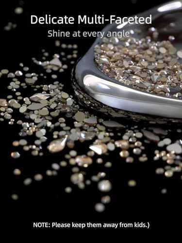 Champagne Nail Rhinestones, 5380Pcs Flatback Gold Glass Charms Gems Stones, 24 Grids 19 Types of Shaped Nail Art Rhinestones Kit with Picking Pen and Tweezers, 6 Sizes for Face Decoration