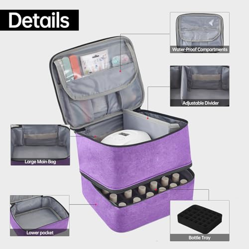 Buruis Double-Layer Nail Polish Organizer Bag, Holds 27 Bottles (15ML/0.5 FL.OZ or Larger), Nail Tools & Dryer Storage Case with Adjustable Dividers (Purple)