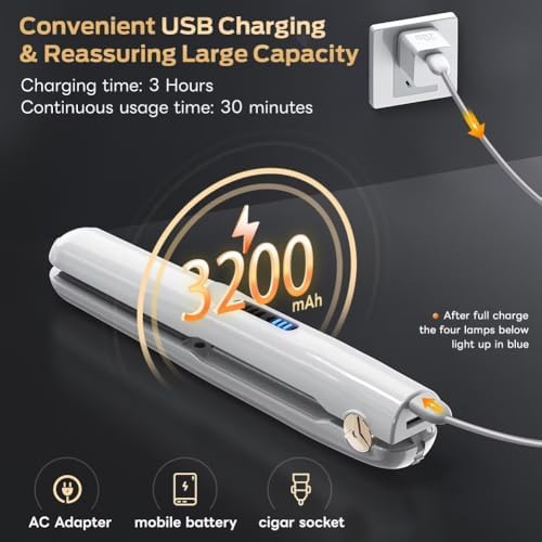 Cordless Hair Straightener and Curler 2 in 1 Ceramic Flat Iron Mini Wireless Portable Travel Hot Tools Straight Curl for Women Men USB Rechargeable with Pouch (White)