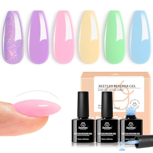 Beetles Builder Gel for Nails, 6 Colors 7 in 1 Summer Building Nail Gel for Nail Apex and Extension in Strengthener Hard Gel Macaron Pink Blue Green Yellow Purple Glitter Pastel Gel Polish
