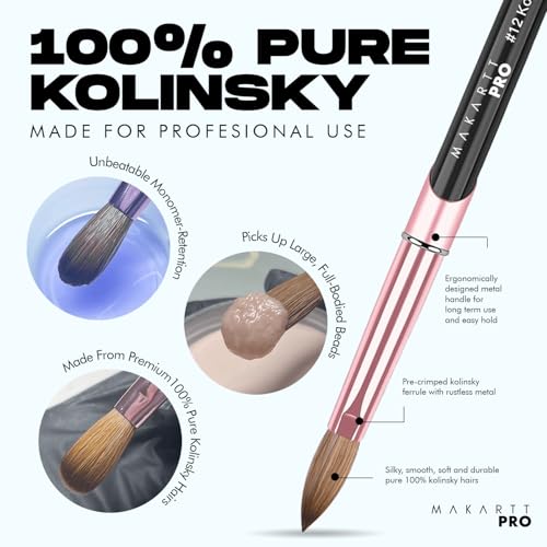 Acrylic Kolinsky Nail Brush with Monomer and Acetone Resistant Handle, Pure Kolinsky Hair & Anti-Clogging Properties - Durable, Professional Quality, Size #10