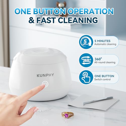 KUNPHY Ultrasonic Retainer Cleaner, 48kHz Denture Cleaner Machine with Cleaning Tablets, Water-Proof Dental Cleaning Pod for Deep Cleaning Night Guard, Mouth Guard, Aligner, Jewelry, White