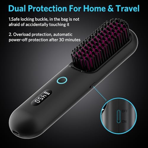 Cordless Hair Straightener Brush – Portable Ionic Hot Comb with 65W Fast Charger, Mini Travel Hair Straightening Brush for Women, Lightweight for On-The-Go Styling (Black)