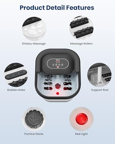 COMFIER Collapsible Foot Spa Bath Massager with Heat, Pedicure Foot Spa with Bubbles, Red Light, Pumice Stone and Shiatsu Massage Rollers, Heated Bath Spa for Relaxation and Stress Relief (Black)