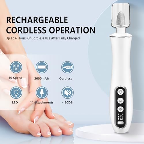 Cordless Nail Drill, Portable 2000 mAh Rechargeable Electric Nail File for Thick Toenails, 10 Speeds Nail Dril Machine Professional Manicure Pedicure Set for Women Hand Foot Natural Nails Care