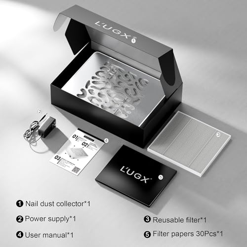 L'UGX Nail Dust Collector, Professional Dust Collector Nail Tech, Powerful Dust Suction Machine Manicure Pedicure Tool for Acrylic Nail Polishing, Low Noise, 30 Pcs Filter Papers