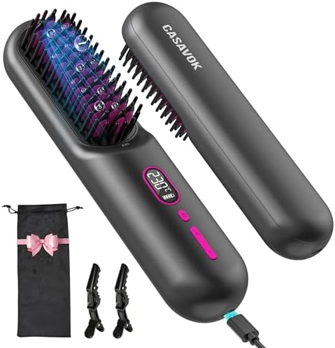 Cordless Hair Straightener Brush for Travel,Mini Hair Straightener Comb with Negative Ion,Portable hot Brush Hair Straightener for Women, Rechargeable 9600mAh Battery, Anti-Scald,12 Temp-Setting