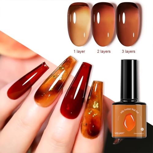 Jelly Amber Gel Polish Set - 6 Translucent Nude Gel Nail Polish, Sheer Tortoise, Red Coral, Burnt Orange, Grey, Amber, Brown - Soak Off UV LED Manicure Art Kit For DIY Home