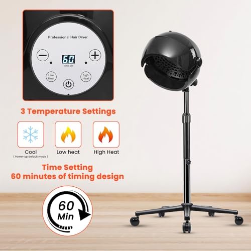 Hooded Hair Dryer, Stand Hair Dryer, Professional Hooded Dryer on Wheels with Digital Display, Touch Controls and 3 Temperature Settings for Salon and Home Use - Black