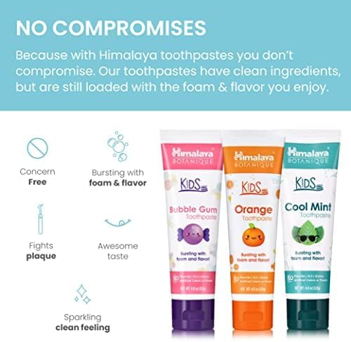 Himalaya Botanique Kids Toothpaste with Xylitol, Variety Pack of Bubble Gum, Orange & Cool Mint - Fluoride Free Toothpaste - Vegan, Gluten Free, No Artificial Flavors or Colors, 4 oz (Pack of 3)