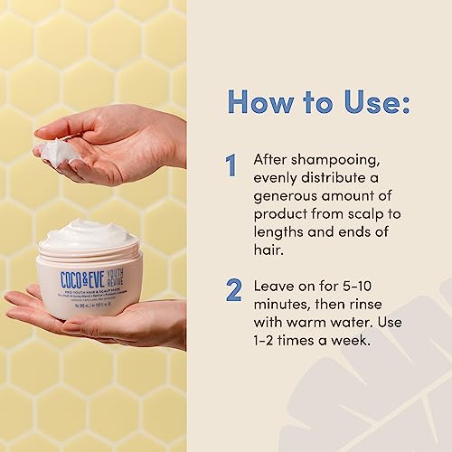 Coco & Eve Pro Youth Hair & Scalp Mask. Anti-aging, strength, shine, volume. Regulate dandruff. With honey, retinol for youthful hydrated hair.