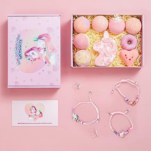 Kids Bath Bombs with Surprise Inside,9 Pack Unicorn Bath Bombs for Girls-5 with Surprise Toys,Including Jewelry Toys,Natural Organic Kids Bubble Bath with Fruity Scents,Relaxing Aromas,Birthday Gift