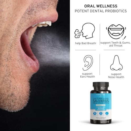 Lactobacillus Salivarius Oral Probiotics - Mouth Bad Breath Treatment for Adults, Dental probiotics for Teeth and Gums, Throat, Ear, Nose - 45 Chewable Mint Tablets