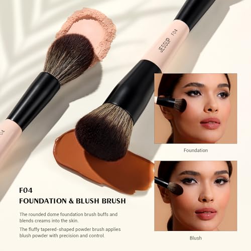 Jessup Face Makeup Brushes 3pcs Double Ended Makeup Brush Set for Foundation Contour Blush Highlight and Powder, Premium Synthetic Make up Brushes Peach Dust T508