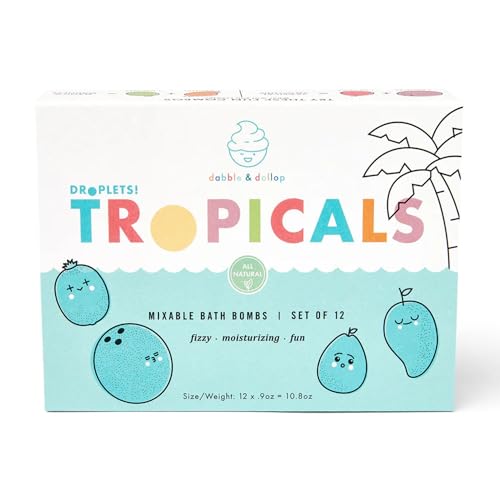 Dabble & Dollop Bath Bombs, 100% Natural Bath Bombs for Kids, Tropical Scents - USA Made, Moisturizing & Fun Droplets, Paraben & Sulfate Free, Vegan, Gluten-Free (Set of 12)