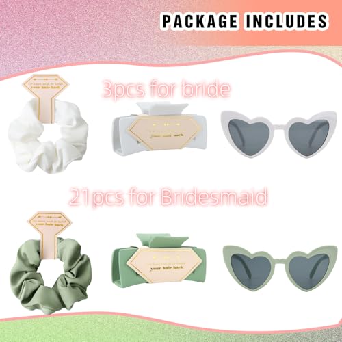 Bridesmaid Scrunchies Proposal Gifts Bachelorette Hair Claws Clips Girls heart sunglasses for Wedding Party Favors (White&Dusty Blue)
