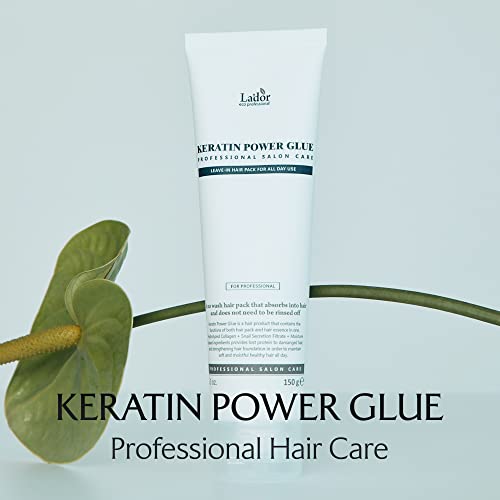LA'DOR Keratin Power Glue Leave-In Conditioner Protein Hair Treatment Mask Heat Protectant Gloss Shine Snail Mucin Detangler Serum for Dry Damaged Curly Color Treated Bleached Hair 5.3 Oz LADOR Korean