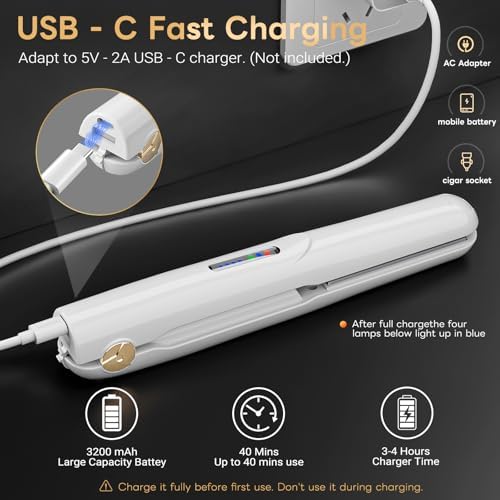 Cordless Hair Straightener and Curler 2 in 1 Ceramic Flat Iron Mini Cordless Portable Travel Hot Tools Straight Curl for Women Men USB Rechargeable with Pouch (White)