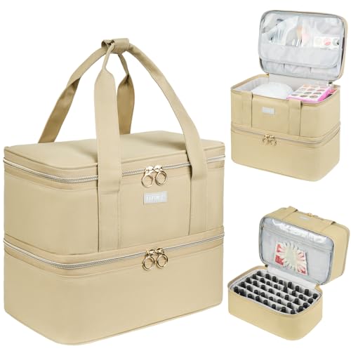 LEFORZ Nail Care Organizer, Double-Layer Nail Polish Organizer and Storage, Khaki, 40 Bottles (15ml-0.5 fl.oz) and Nail Lamp, Portable Nail Polish Holder