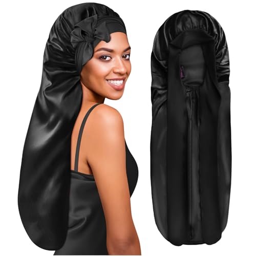 BONNET QUEEN Braid Bonnet Foldable Extra Long Bonnet for Braids Silk Bonnet Satin Bonnet with tie Band Hair Bonnet for Sleeping Night for Locs Black