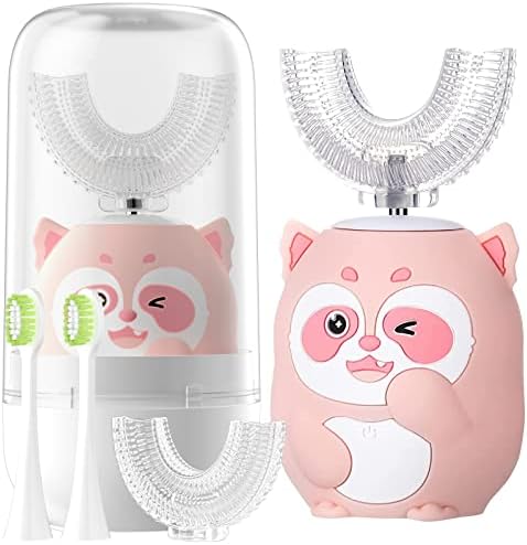 Kids Electric U Shaped Toothbrush Children Rechargeable Sonic Toothbrush with 4 Brush Heads Full Mouth 6 Cleaning Modes - (Age 2-7, Pink)