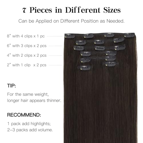 HOTBANANA Human Hair Clip in Hair Extensions, Dark Brown 120g Clip in Hair Extensions Real Human Hair Straight Remy Hair 14 Inch 7pcs
