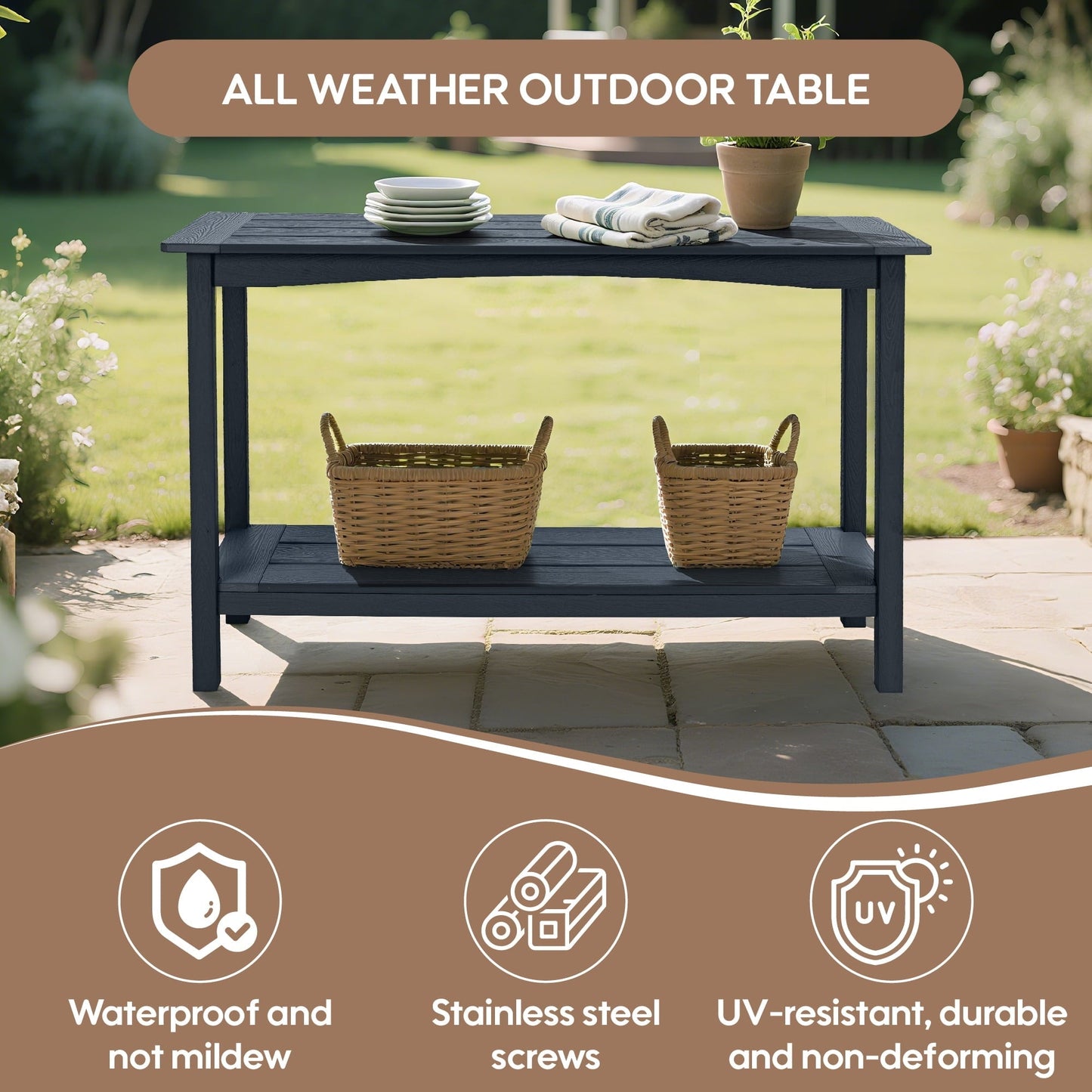 Bstjewey Outdoor 48" 2-Tier Console Table, Weatherproof HIPS, Black