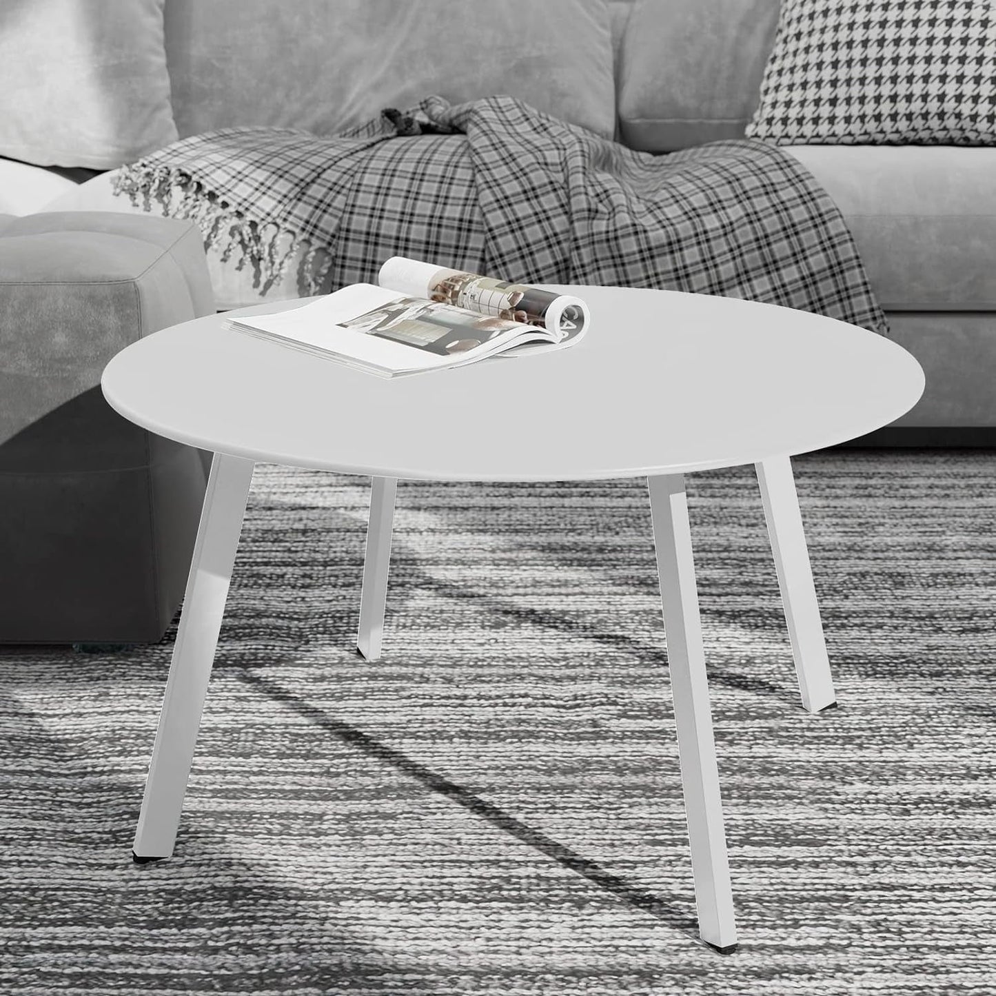 Compact Round Coffee Table - Modern 3-Leg Design with Black Rubber Feet, Perfect for Small Spaces - White