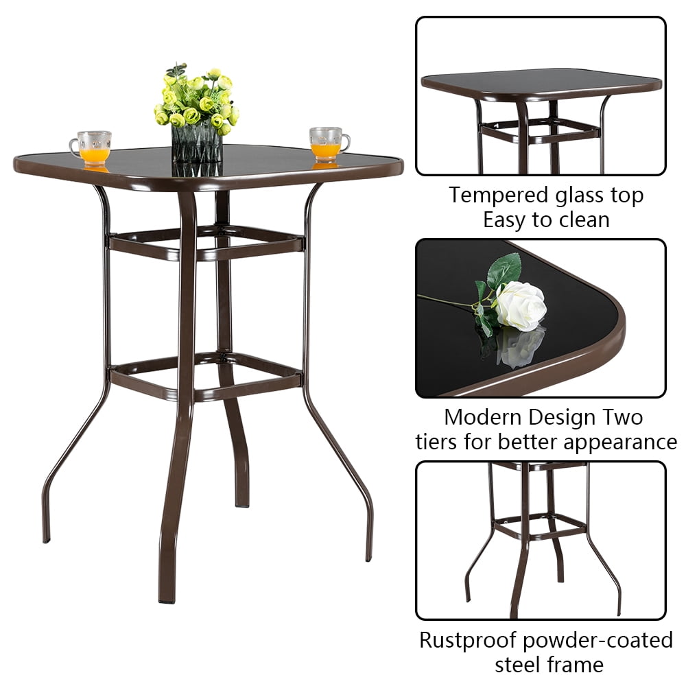 Commercial Grade Wrought Iron Bar Table 40" Height - 5mm Tempered Glass Top Patio Counter Table with Double Ring Frame, Matte Brown, 200lb Capacity