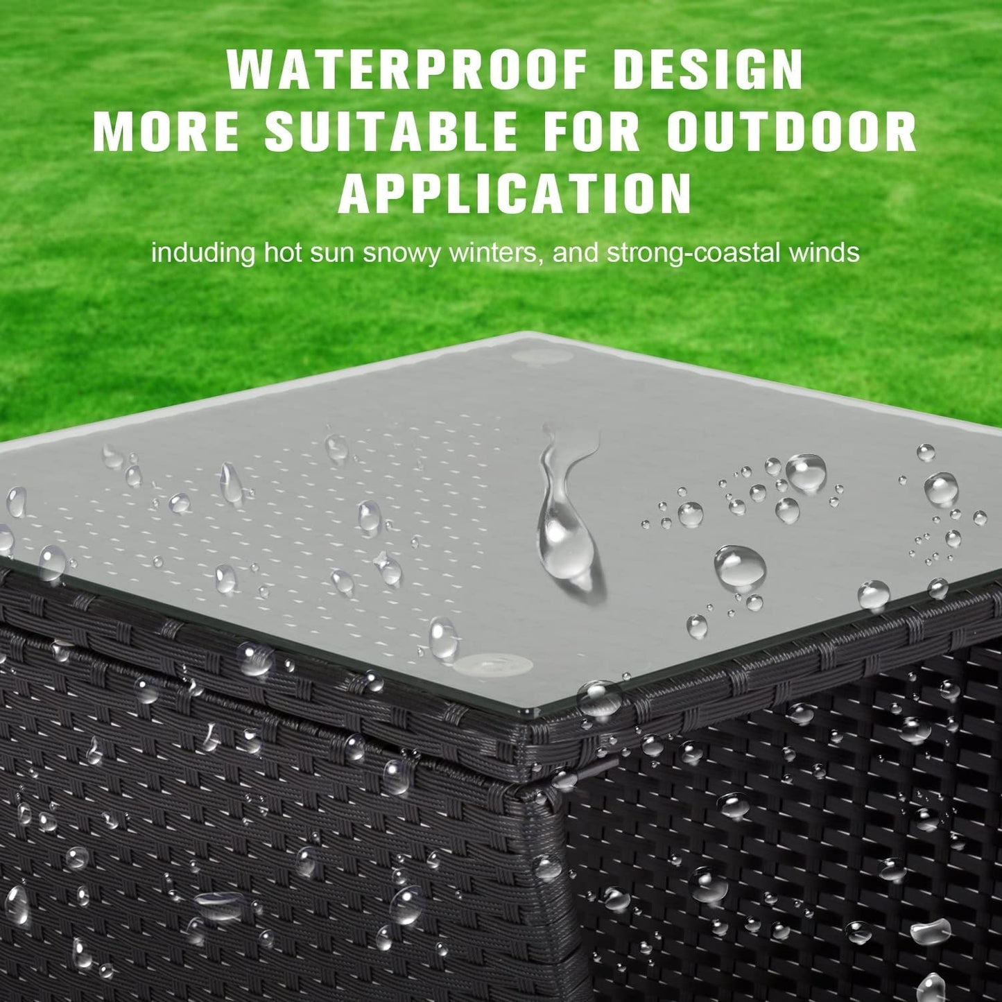 Kinsuite PE Rattan Patio Side Table - Outdoor Wicker End Table with Glass Top, Rattan Coffe Table in Iron Frame for Backyard Balcony Poolside, Black