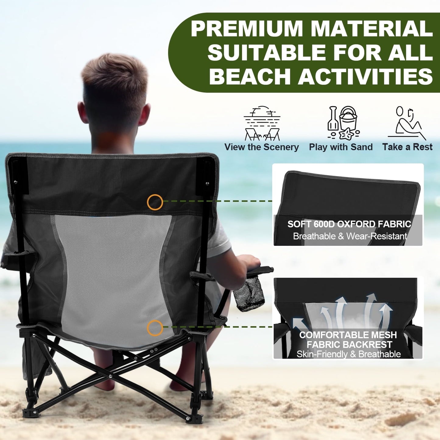 Joyfair Folding Backpack Beach Chair, Black Compact Lightweight Camping Chair with Carry Bag Cup Holder, Small Outdoor Reclining Low-Profile Travel Chair for Adult, Heavy-Duty