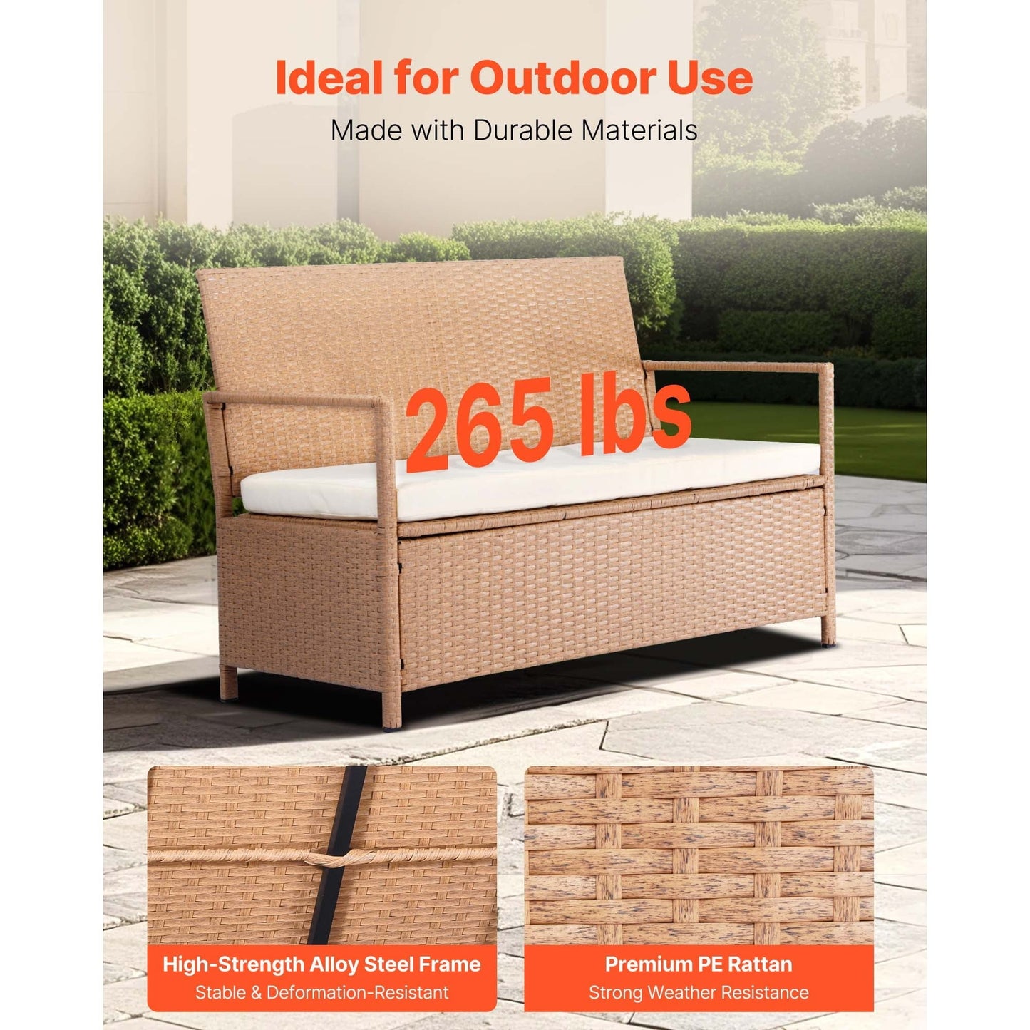 KFFKFF Outdoor Storage Bench, 2-Person PE Rattan Deck Box with Cushion, 70-Gallon Capacity, Supports up to 265 lbs, Weather-Resistant Seating for Patio, Garden, Balcony, or Yard