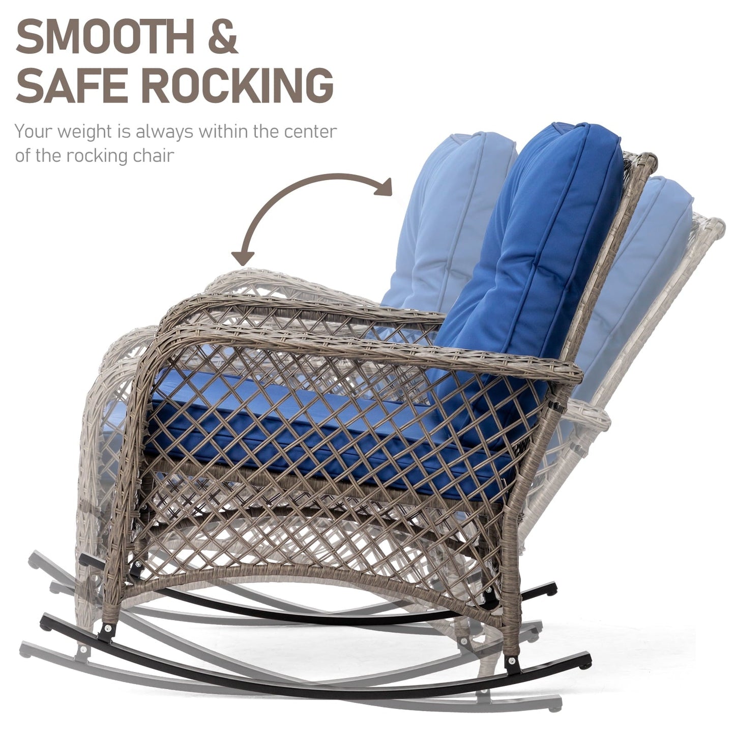 Ktaxon Outdoor Woven Rattan Rocking Chair with Blue Cushion, Large Wicker Patio Furniture, Grey and Blue
