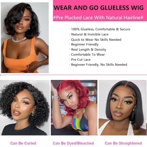 Caijuxing Wear and Go Bob Wig Human Hair 200% Density Short Bob Glueless Wig Human Hair Pre Plucked Pre Cut 4x4 HD Lace Front Wigs for Black Women Natural Color (10 Inch)