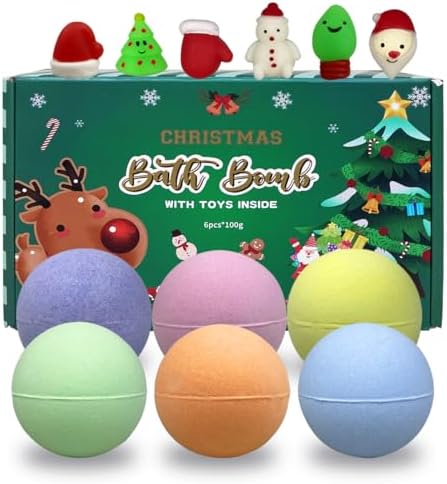 Jofan 6 Pack Christmas Bath Bombs Bubble with Christmas Squishy Toys Inside for Kids Girls Boys Women Christmas Stocking Stuffers Gifts