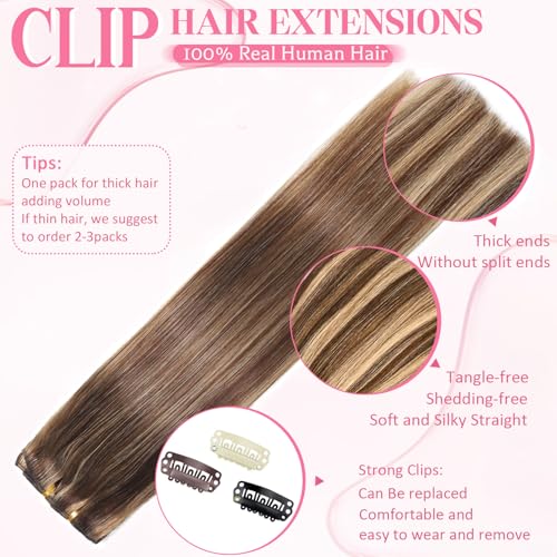 Clip in Hair Extensions Real Human Hair, Seamless Clip ins Real Human Hair for Women, Balayage Remy Human Hair Clip in Extensions, Double Weft 8pcs 16 inch Chocolate Brown to Caramel Blonde