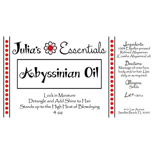Julia's Essentials 100% Pure Abyssinian Oil. Revivify Dry Damaged Hair - Hydrate, Nourish, Strengthen & Moisturize. Heat Protectant & Shine Oil Naturally Canada Grown (Crambe Abyssinica)(2oz)