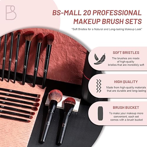 BS-MALL Makeup Brushes Set Professional – 20Pcs Premium Synthetic Foundation Powder Concealers Eye shadows Blush Makeup Brushes with Black case