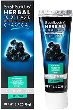 Brush Buddies Charcoal Toothpaste 6 Pack, 3.5 oz | Activated Charcoal Whitening Toothpaste | Fluoride-Free, Cool Mint | Herbal for Sensitive Teeth, Bad Breath & Stains