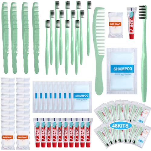 Hushee 48 Sets Personal Hygiene Kit Basic Toiletry Kit Homeless Care Package for Men, Women, Travel, Charity, Business Include Shampoo, Toothbrush, Toothpaste, Comb and Bath(Light Green)