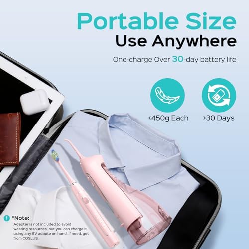 COSLUS Portable Water Flosser with Electric Toothbrush Combo: 2-in-1 Oral Clean Kit for Teeth, Braces, Gums Care - Brushing & Flossing for Adults, Family, Travel Use, BPA-Free, Black, C20 & C41