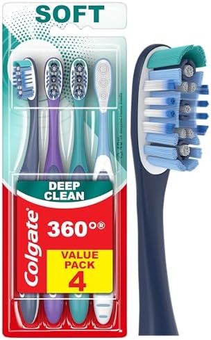 Colgate 360 Whole Mouth Toothbrush, Adult Soft Toothbrush With Tapered Bristles, Features Tongue Cleaner and Ergonomic Handle, Helps Whiten Teeth and Removes Bacteria, 4 Pack